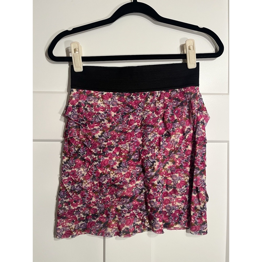 Express Women's XS Pink Purple Floral Tiered Ruffle Mini Skirt Elastic Waist